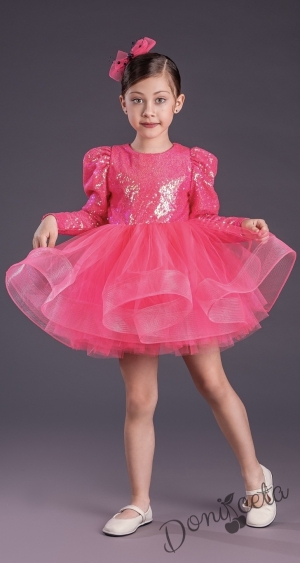 Официална детска къса рокля с дълъг ръкав в циклама с пайети Людмила11