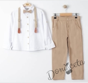 Комплект за момче от риза в бяло, панталон, тиранти и папийонка в бежово 544536454 1
