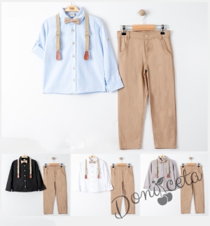 Комплект за момче от риза в бяло, панталон, тиранти и папийонка в бежово 544536454 2