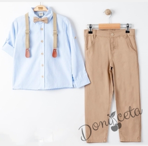 Комплект за момче от риза в светлосиньо, панталон, тиранти и папийонка в бежово 544536453 1