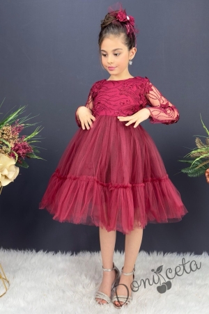 Детска рокля с ръкав 7-8 в бордо и панделка за коса Алесия 1