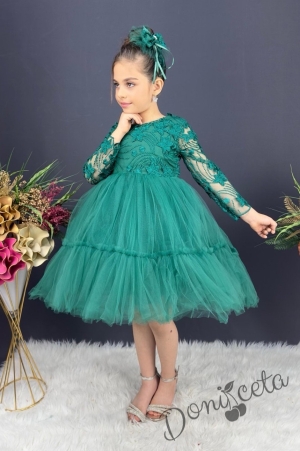 Детска рокля с ръкав 7-8 в зелено и панделка за коса Алесия 1