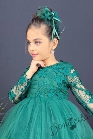 Детска рокля с ръкав 7-8 в зелено и панделка за коса Алесия 2