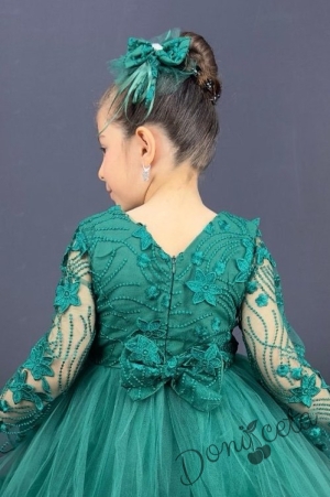 Детска рокля с ръкав 7-8 в зелено и панделка за коса Алесия 3