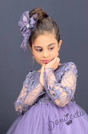 Детска рокля с ръкав 7-8 в лилаво и панделка за коса Алесия 2