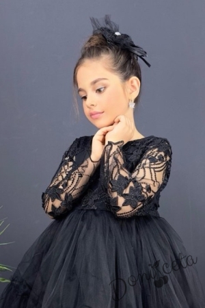 Детска рокля с ръкав 7-8 в черно и панделка за коса Алесия 2