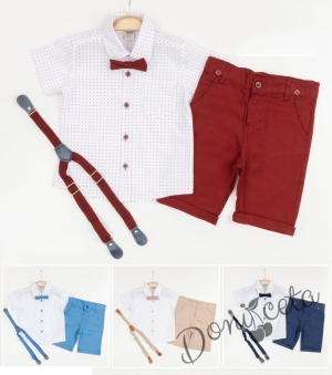 Летен комплект за момче от панталон в бордо, риза в бяло и орнаменти, тиранти и папийонка  46747837389 2