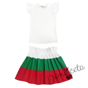 Комплект за момиче от детска пола в бяло, зелено и червено и блуза в бяло 1 