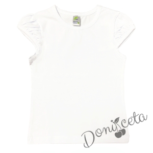 Комплект за момиче от детска пола в бяло, зелено и червено и блуза в бяло с къс ефектен ръкав 2
