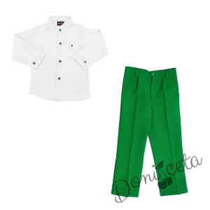 Комплект от 2 части панталон в зелено и риза в бяло с дълъг ръкав 1