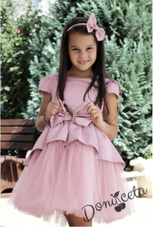 Официална детска/бебешка рокля с къс ръкав и тюл в розово Надежда  1