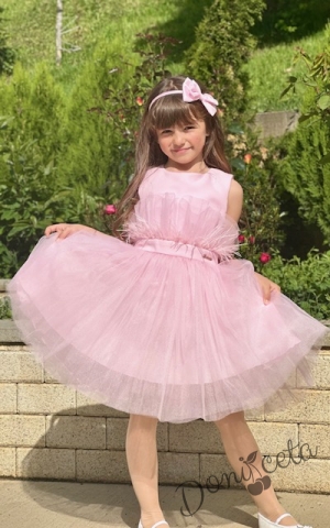 Официална детска рокля с богат тюл и пера в розово Анелия 5462341123