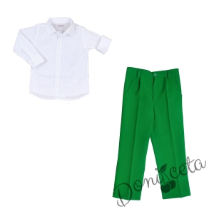 Комплект от 2 части панталон в зелено и риза с яка в бяло с дълъг ръкав 1