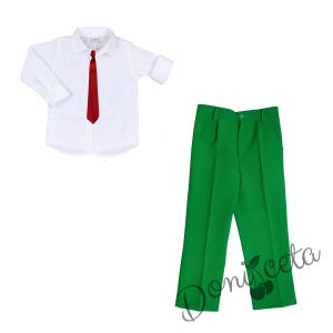 Комплект от 3 части панталон в зелено, риза с яка в бяло с дълъг ръкав и вратовръзка 1