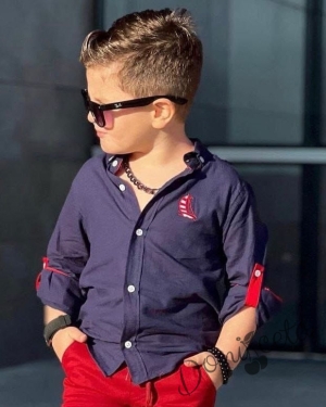 Детска риза в тъмносиньо с дълъг ръкав за момче с емблема 1