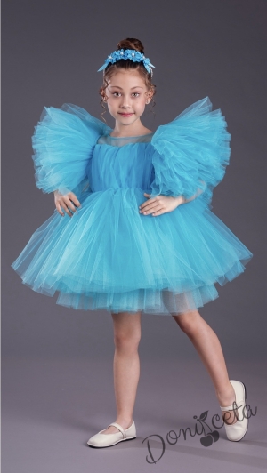 Официална детска къса рокля с тюл в синьо Луиза1