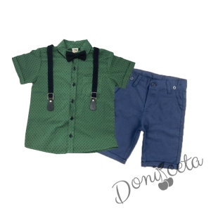 Летен комплект за момче риза с къс ръкав в зелено и къси панталони в синьо 1