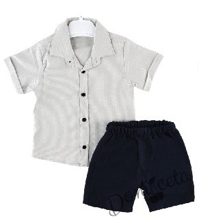 Летен комплект за момче риза с къс ръкав в бежово и къси панталони в тъмносиньо 1