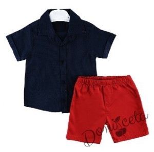 Летен комплект за момче риза с къс ръкав в тъмносиньо и къси панталони в червено 1