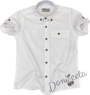 Детска риза в бяло с къс ръкав за момче от лен с копчета в бежово