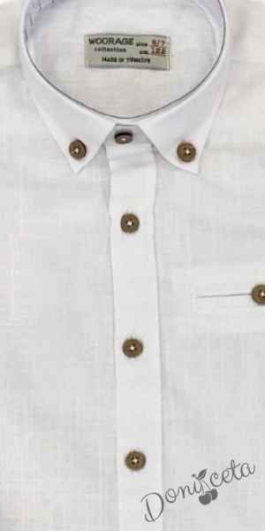 Детска риза в бяло с дълъг ръкав за момче от лен с копчета в бежово 2
