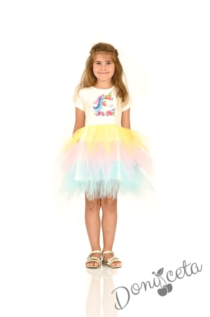 Детска рокля с къс ръкав с Пони/Еднорог в бяло и многоцветен тюл  1
