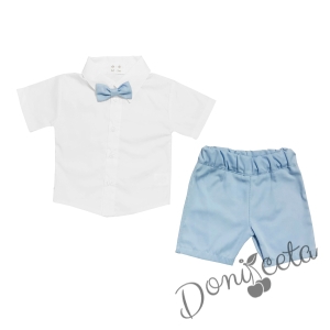 Детски комплект от риза в бяло и къси панталонки в светлосиньо с папийонка 1