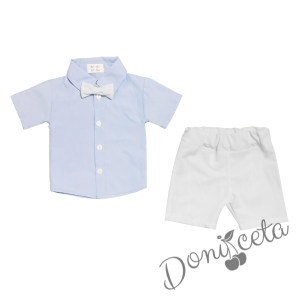 Детски комплект от риза в светлосиньо и къси панталонки в бяло с папийонка 1