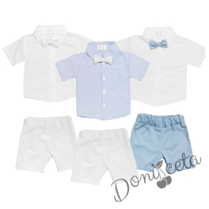 Детски комплект от риза в светлосиньо и къси панталонки в бяло с папийонка 2