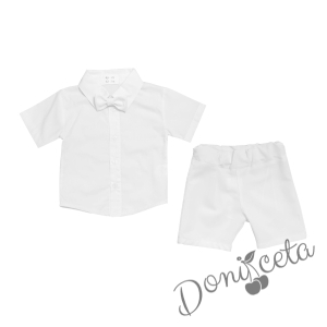 Детски комплект от риза и къси панталонки в бяло с папийонка 1