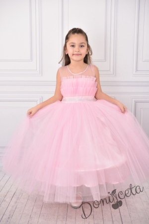Официална детска дълга рокля в розово без ръкав с тюл Йоланда 1