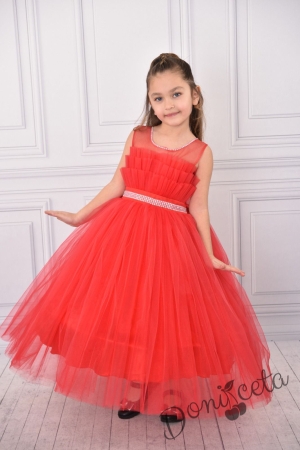 Официална детска дълга рокля в червено без ръкав с тюл Йоланда