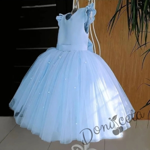 Официална детска къса рокля с тюл и перли в светлосиньо Розмари 1
