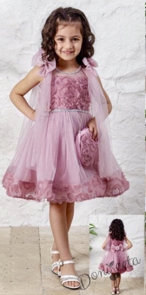 Официална детска къса рокля с тюл в пепел от рози Елиа с чантичка 1