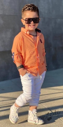 Комплект от риза в оранжево и панталон в бяло за момче
