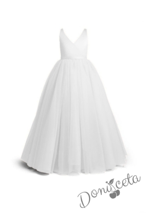 Официална детска дълга рокля в бяло без ръкав Марлен 1