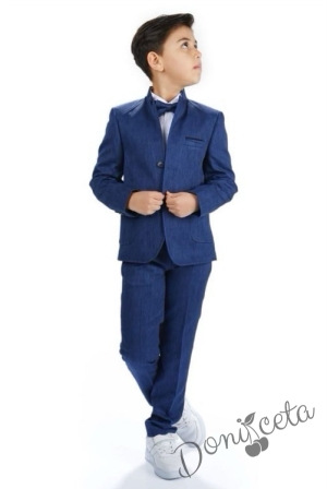 Официален костюм за момче от 5 части в тъмносиньо с двуредово закопчаване 34233245325