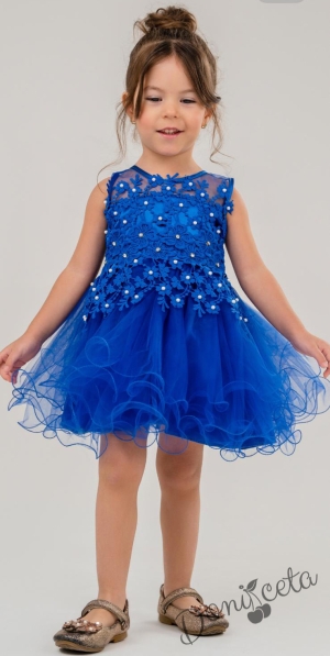 Официална детска къса рокля Анджела в тъмносиньо с тюл без ръкав  1