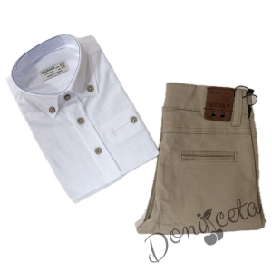 Летен комплект за момче риза с къс ръкав в бяло и дълги панталони в бежово 2