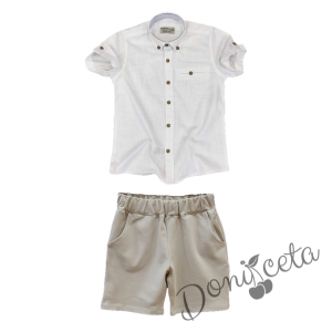 Летен комплект за момче риза с къс ръкав в бяло и къси панталони в бежово 3454643232 1