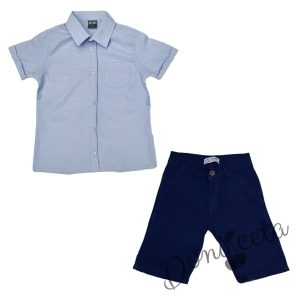 Летен комплект за момче риза с къс ръкав в светлосиньо и къси панталони в тъмносиньо 1 