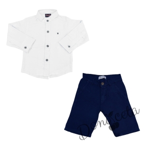 Летен комплект за момче риза от с дълъг ръкав в бяло без яка и къси панталони в тъмносиньо