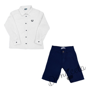 Летен комплект за момче риза с дълъг ръкав в бяло с яка и къси панталони в тъмносиньо 1