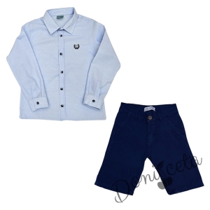 Летен комплект за момче риза с дълъг ръкав в светлосиньо с яка и къси панталони в тъмносиньо 1
