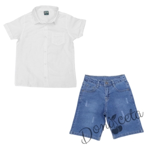 Летен комплект за момче от риза с къс ръкав в бяло и къси дънки в синьо