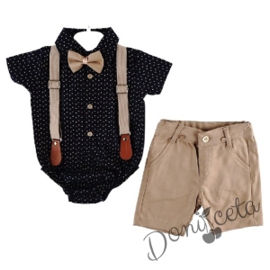 Бебешки комплект от панталон в бежово, боди-риза в черно, тиранти и папийонка 768669789