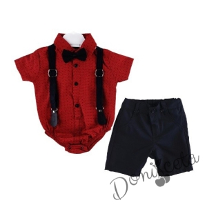 Бебешки комплект от панталон в тъмносиньо, боди-риза в червено, тиранти и папийонка 