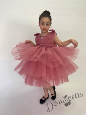 Официална детска рокля без ръкав с тюл на пластове в пепел от рози Севи 1