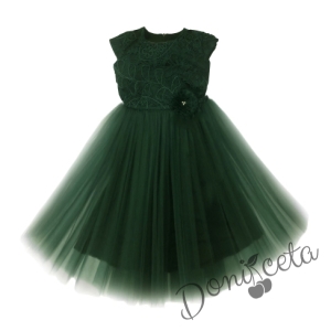 Официална дълга детска рокля Криска от дантела и тюл в тъмнозелено