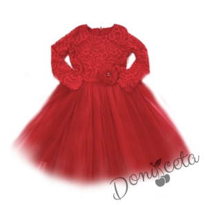 Официална дълга детска рокля Криска от дантела и тюл в червено с дълъг ръкав